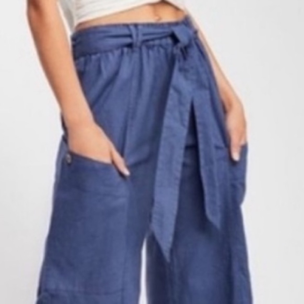 Free People Bluebell Belted Wide Leg Linen-Blend Pants W/Leg Pockets Blue SZ M - Picture 7 of 16